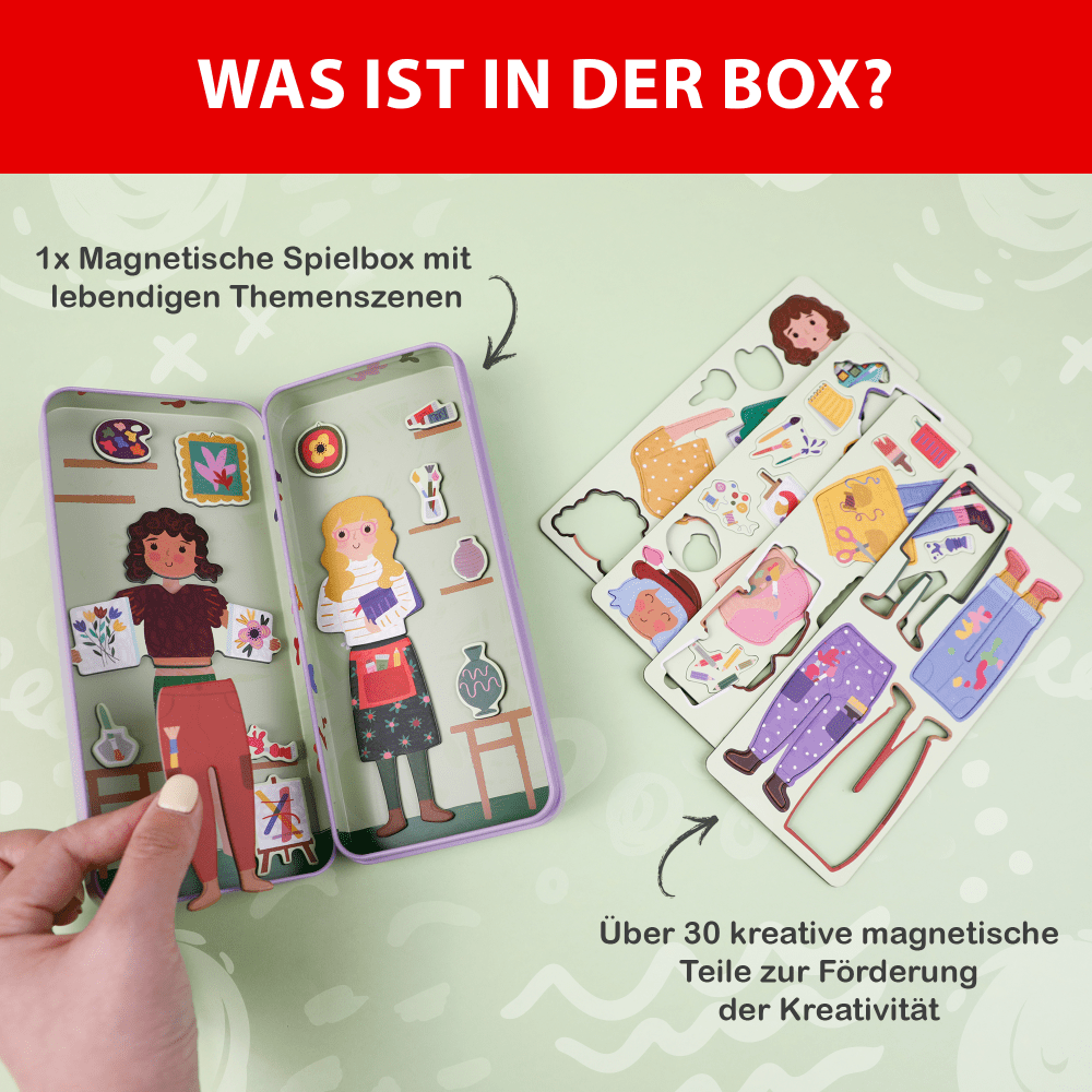 Geöffnete Magnetspiel-Box 'Künstlerin' von Toydea, die den Inhalt und das Ideenheft zeigt.